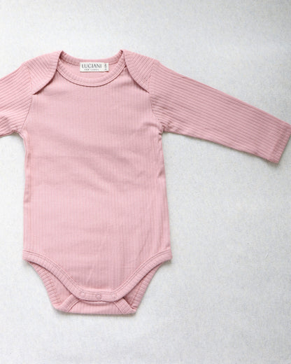 Organic Ribbed Cotton Long-Sleeved Bodysuit (Pink)